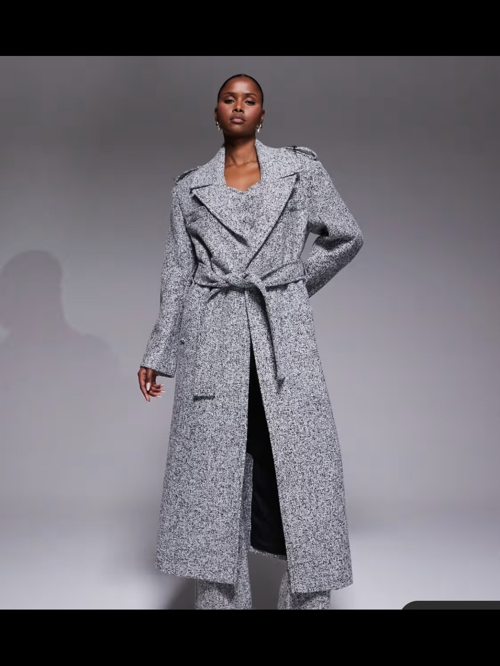 JLUX Label Boucle Tweed Belted Trench Coat Size XL Gray Black Wool Blend